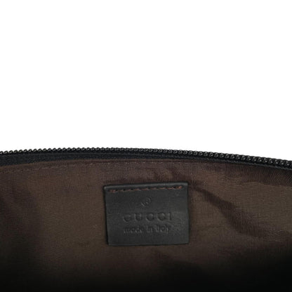 Gucci black and brown GG monogram canvas mini boat pochette bag with metal logo.