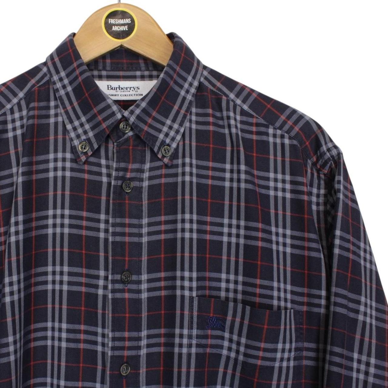 Vintage 90s Burberry Navy Blue Nova Check Long Sleeve Cotton Shirt