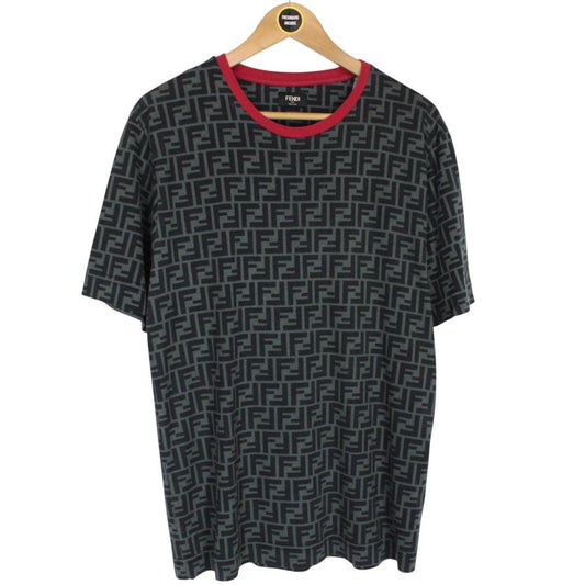 Fendi Black and Red FF Zucca Monogram Cotton Short Sleeve T-Shirt