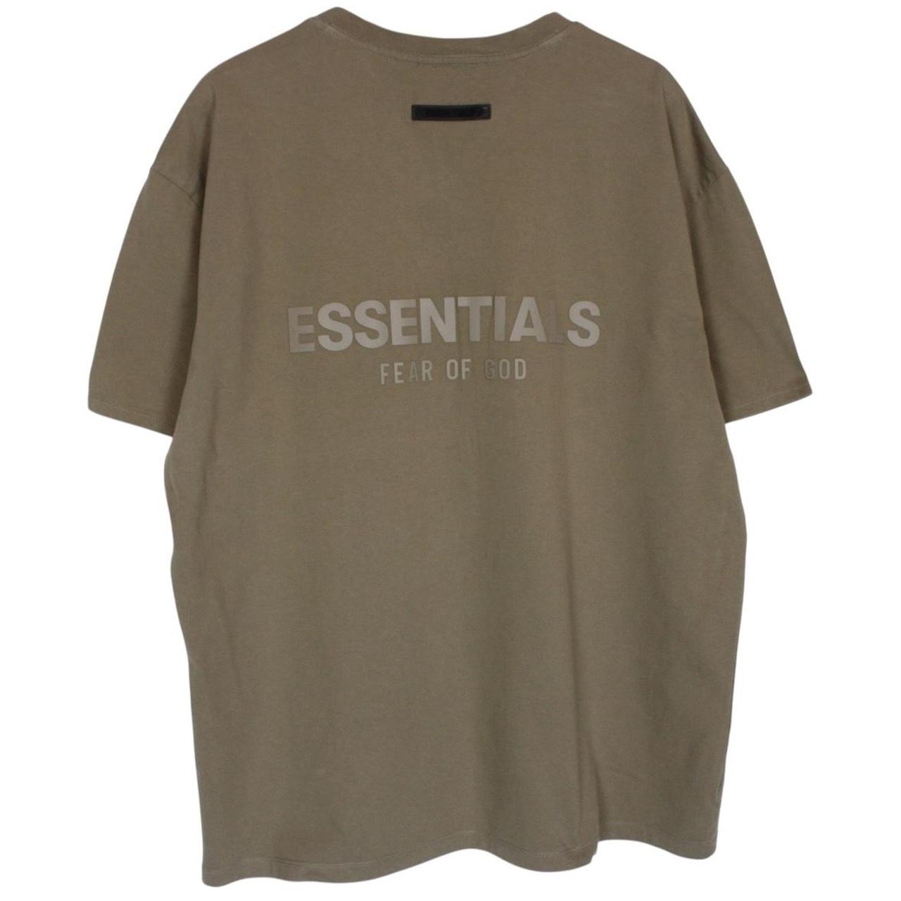 Essentials khaki brown short sleeve t-shirt with logo print and pocket detail.