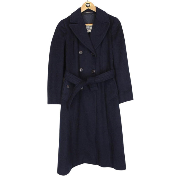 Vintage 90s Burberry Navy Blue Virgin Wool Double Breasted Belted Coat