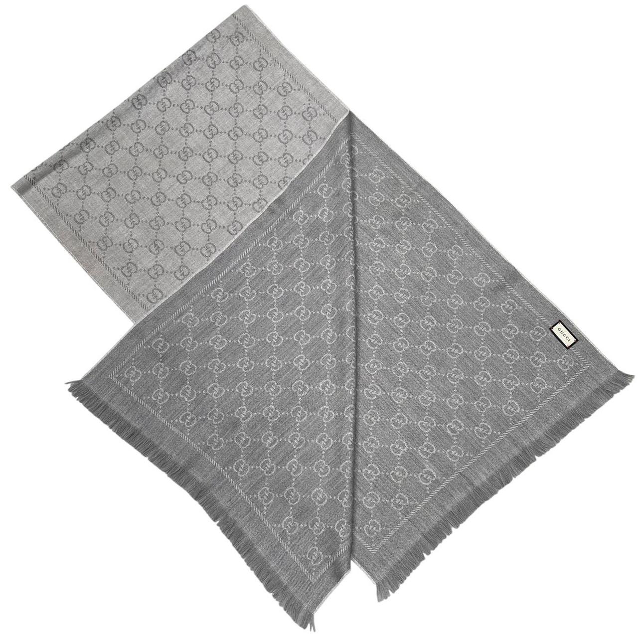 Gucci Grey GG Monogram Frayed Wool Scarf
