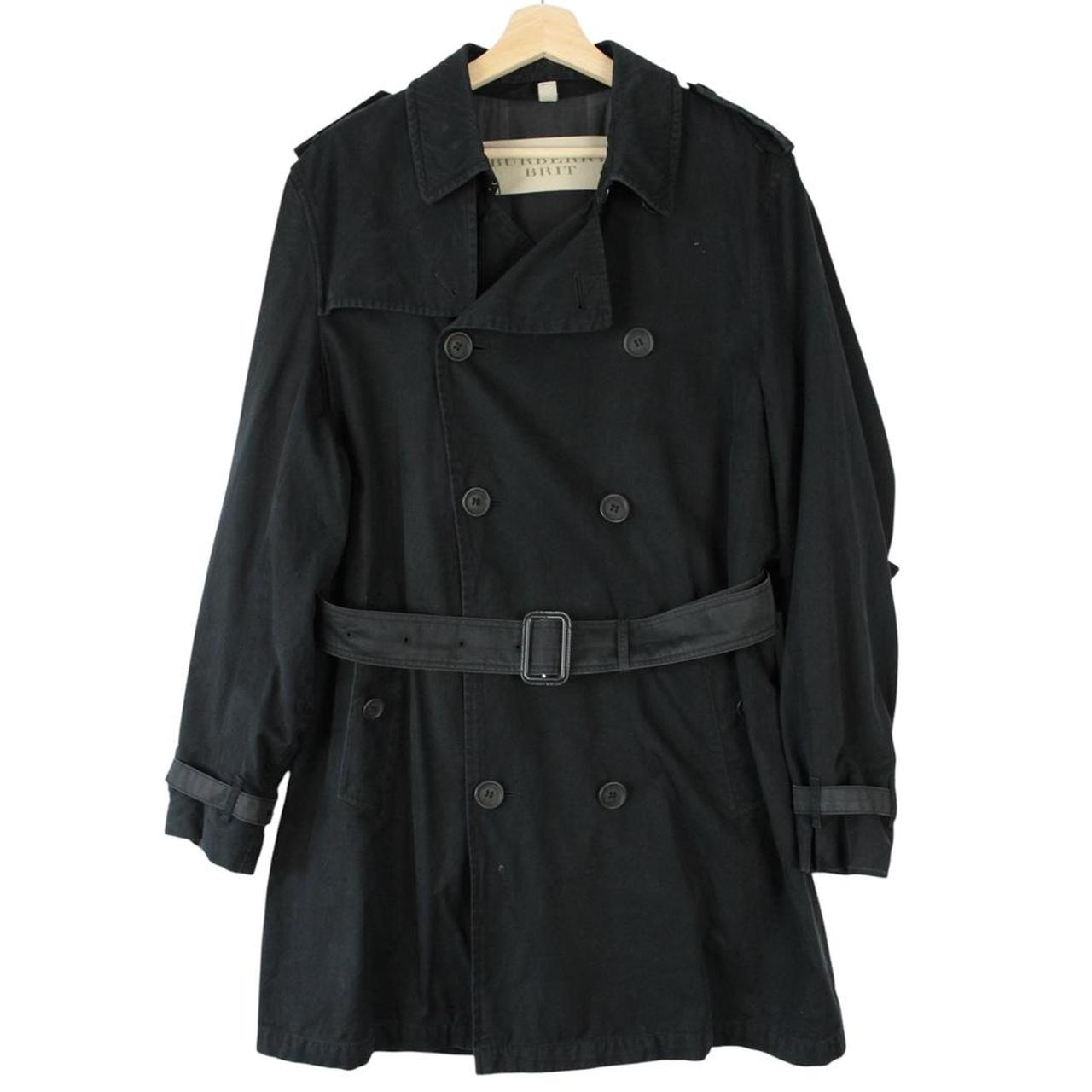 Burberry black trench coat with Nova Check pattern and double-breasted design.
