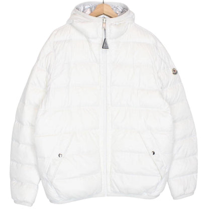 Moncler white and silver reversible down jacket with full zip and hood.