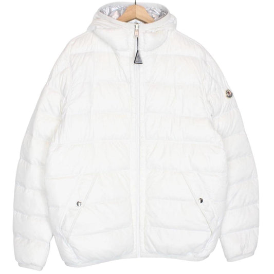 Moncler white and silver reversible down jacket with full zip and hood.