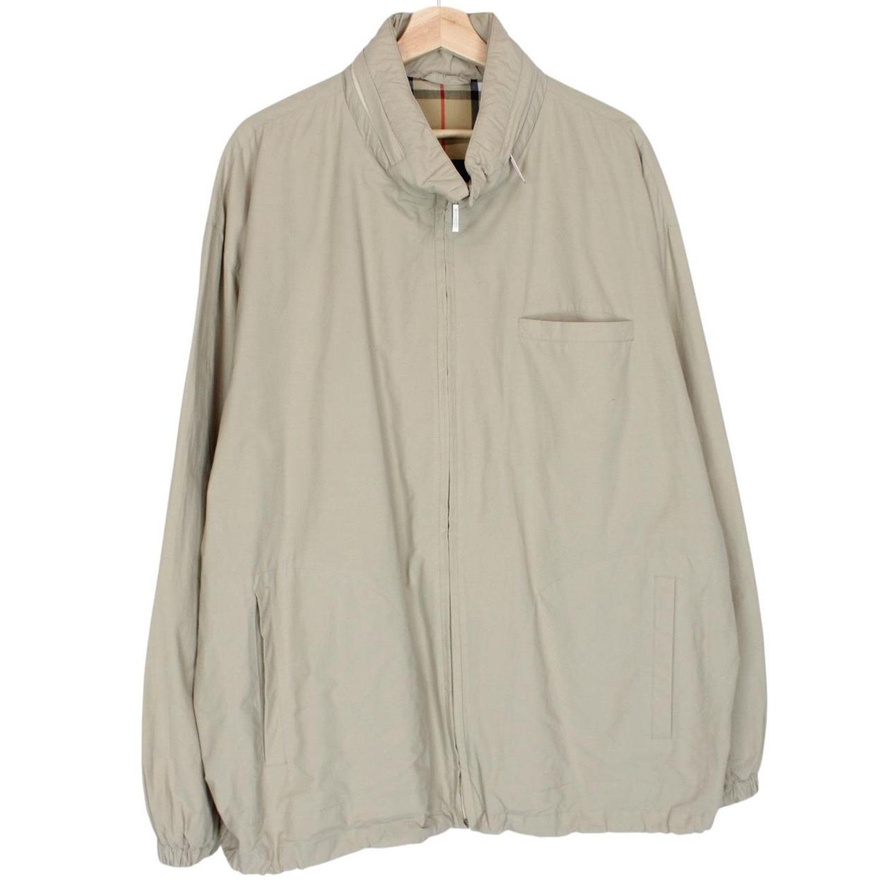Burberry beige nylon jacket with Nova Check lining and full zip design.