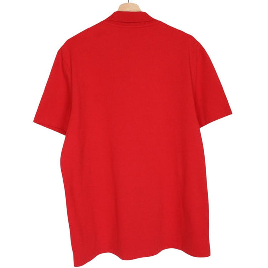 Lacoste red short sleeve polo shirt with embroidered crocodile logo, cotton material.