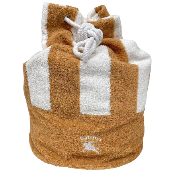 Vintage 90s Burberry Tan and White Striped Towelling Cotton Beach Bag