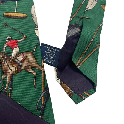 Polo Ralph Lauren green silk tie with equestrian print and logo detail.