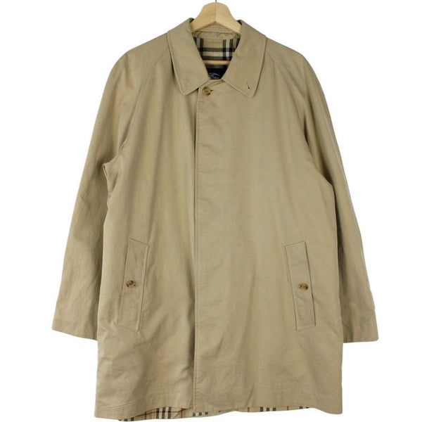Burberry tan brown single breasted cotton overcoat with logo detail and classic design.