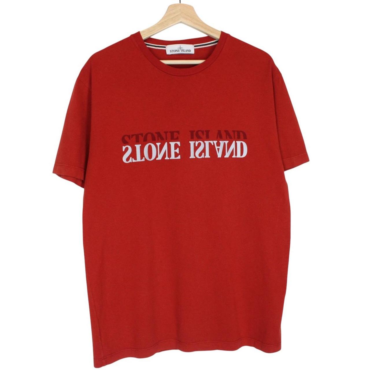 Stone Island red short sleeve t-shirt with reflective logo print and cotton material.