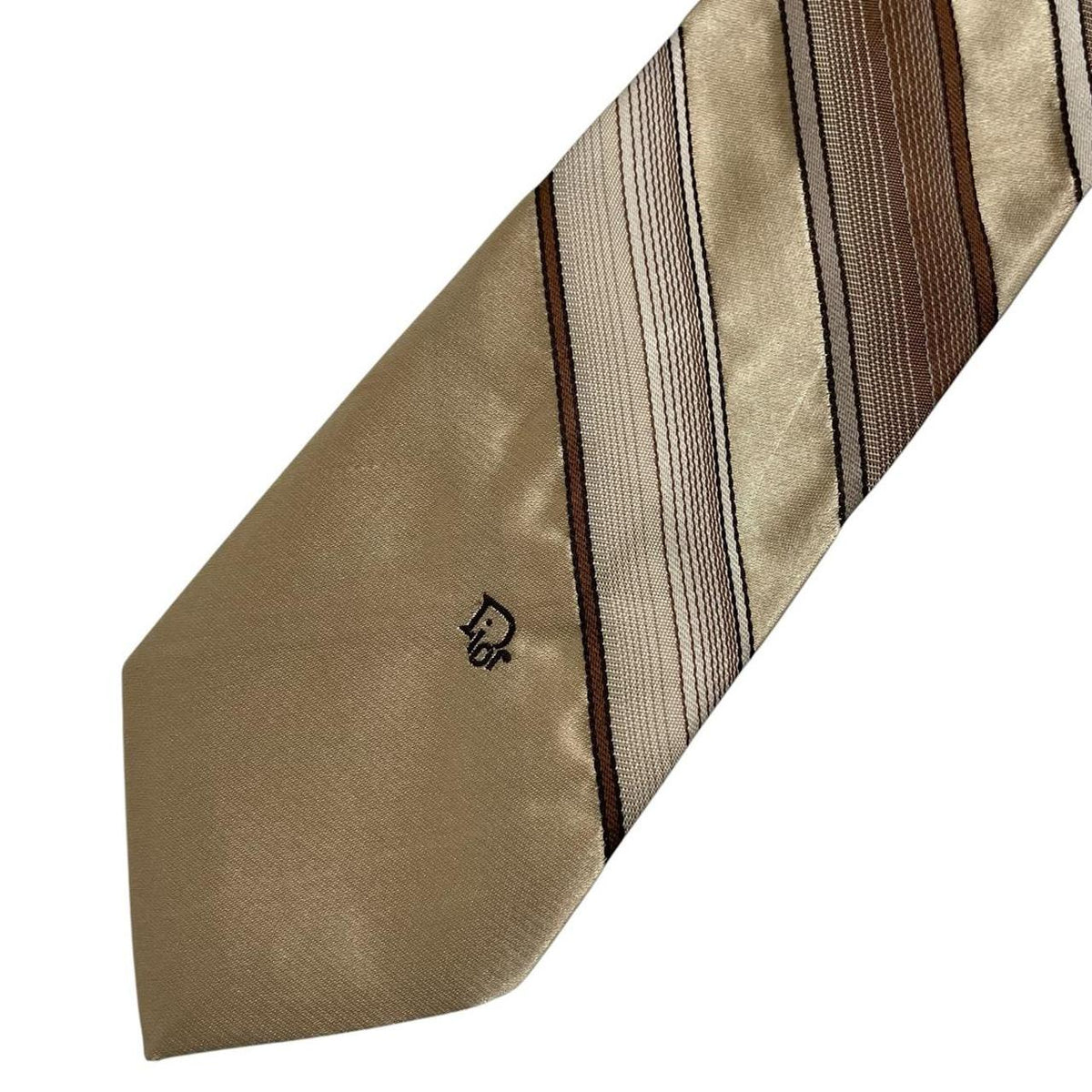 Christian Dior beige and brown striped polyester tie with cream accents and vintage design.