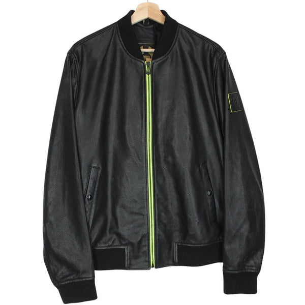 Belstaff black leather bomber jacket with full zip and logo details.