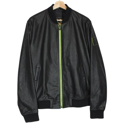 Belstaff black leather bomber jacket with full zip and logo details.