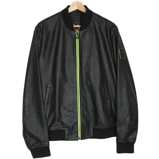 Belstaff black leather bomber jacket with full zip and logo details.