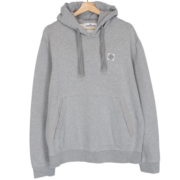 Stone Island grey cotton hoodie with logo patch and slight discolouration on sleeve.