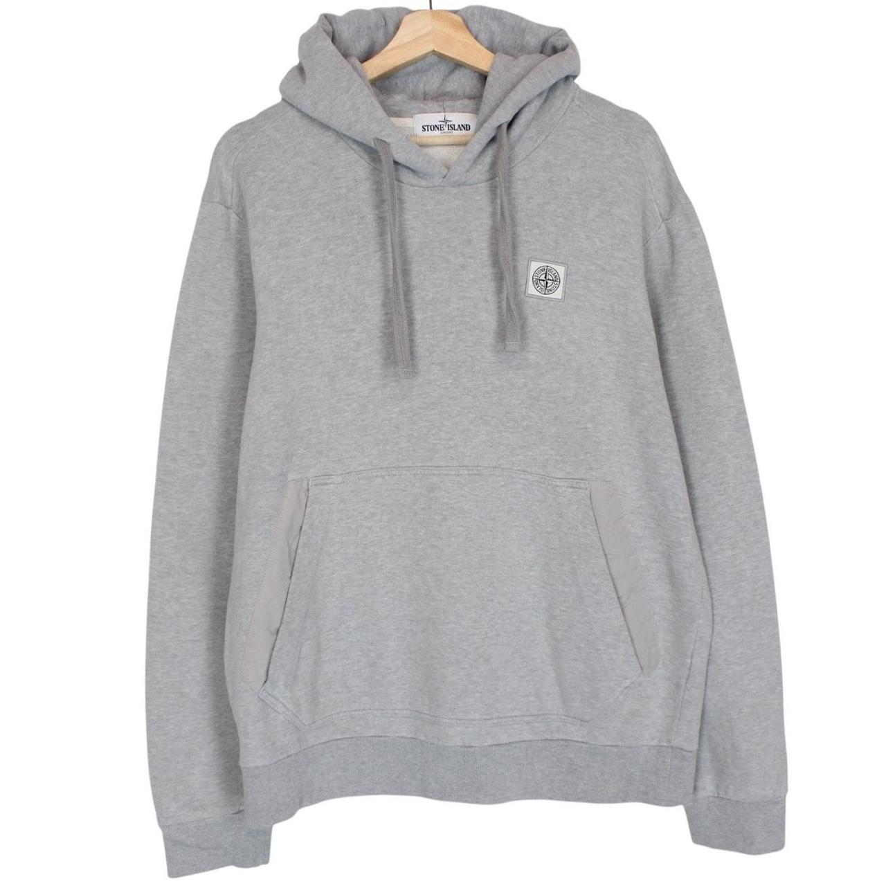 Stone Island grey cotton hoodie with logo patch and slight discolouration on sleeve.