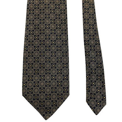 Polo Ralph Lauren black and gold silk tie with geometric print design.
