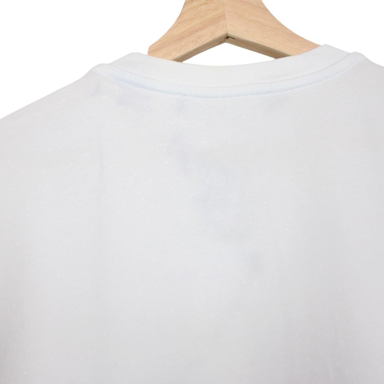 Moschino white pocket t-shirt with digital peace print and faint back stain.