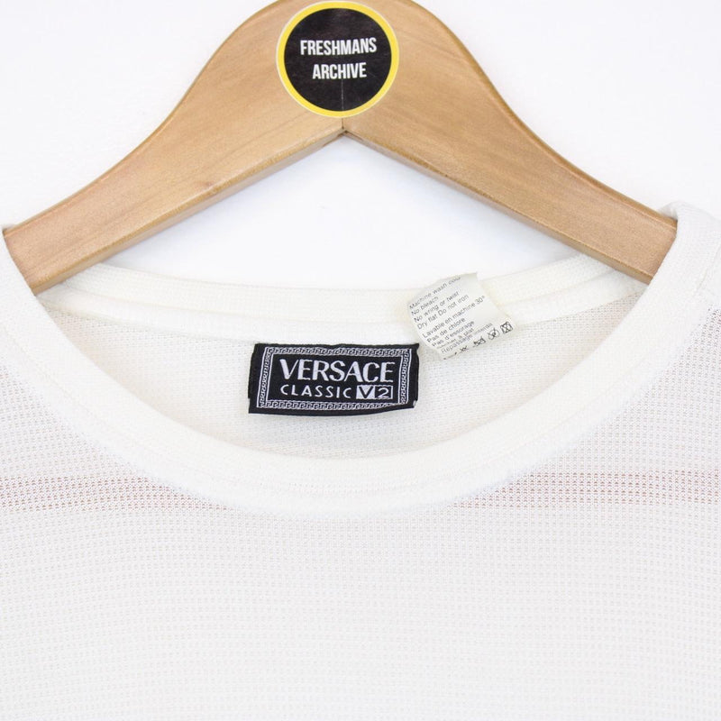 Vintage 90s Versace Classic Cream Woven Knit Short Sleeve T-Shirt