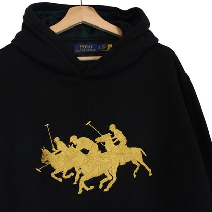 Polo Ralph Lauren black hoodie with gold embroidered Polo Match logo and drawstring.