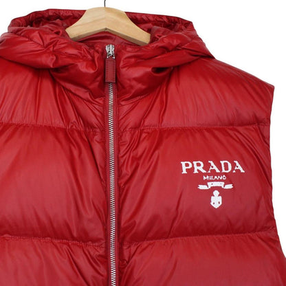 Prada Red Logo Print Down Nylon Hooded Gilet / Bodywarmer