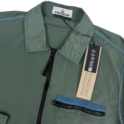Stone Island green nylon metal overshirt jacket with full zip and logo patch.