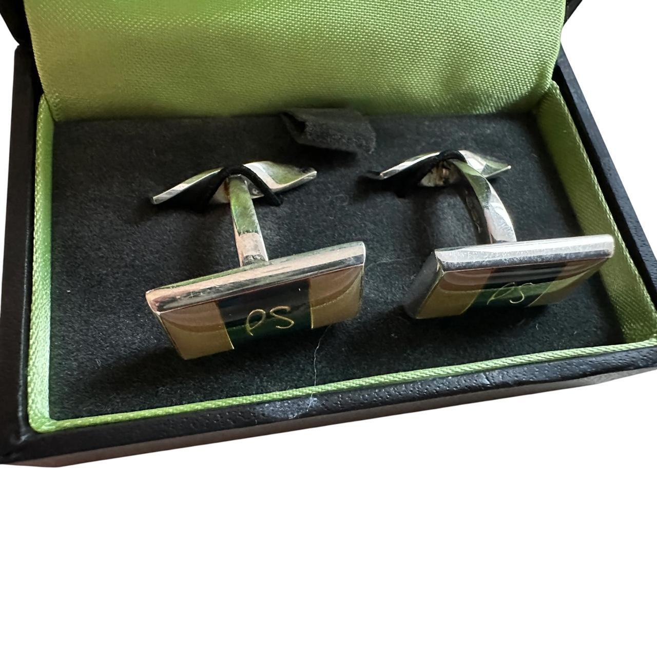 Paul Smith silver rectangular cufflinks with logo detail, brand new with tags.