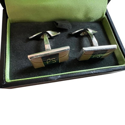 Paul Smith silver rectangular cufflinks with logo detail, brand new with tags.
