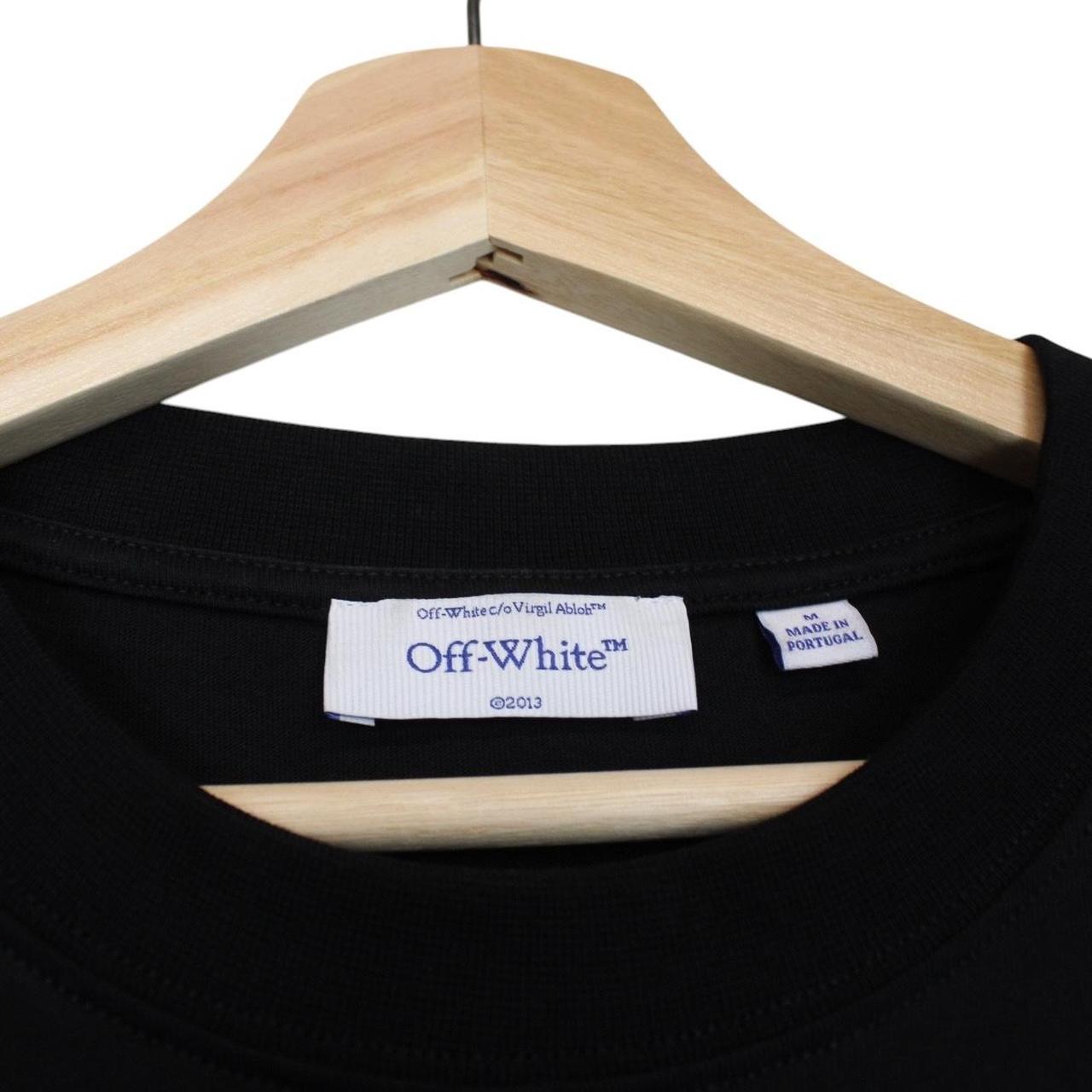 Off-White black cotton t-shirt with white logo print and short sleeves.