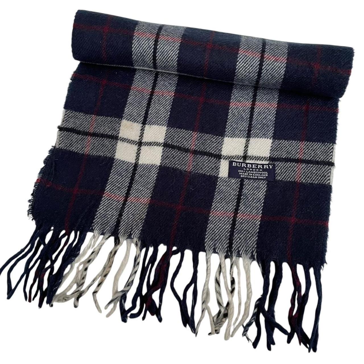 Vintage 90s Burberry Navy Blue Check Lambswool Scarf
