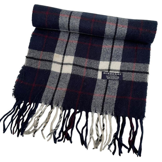 Vintage 90s Burberry Navy Blue Check Lambswool Scarf