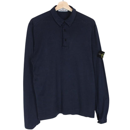 Stone Island navy blue long sleeve polo shirt with iconic compass logo on chest.