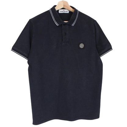 Stone Island navy blue short sleeve polo shirt with compass logo and cotton material.