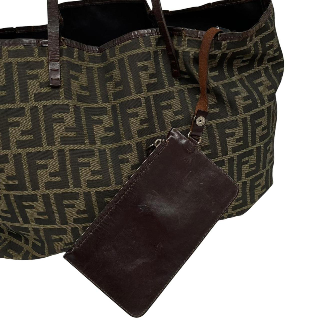 Fendi brown monogram canvas duffel bag with leather trim and logo detail.