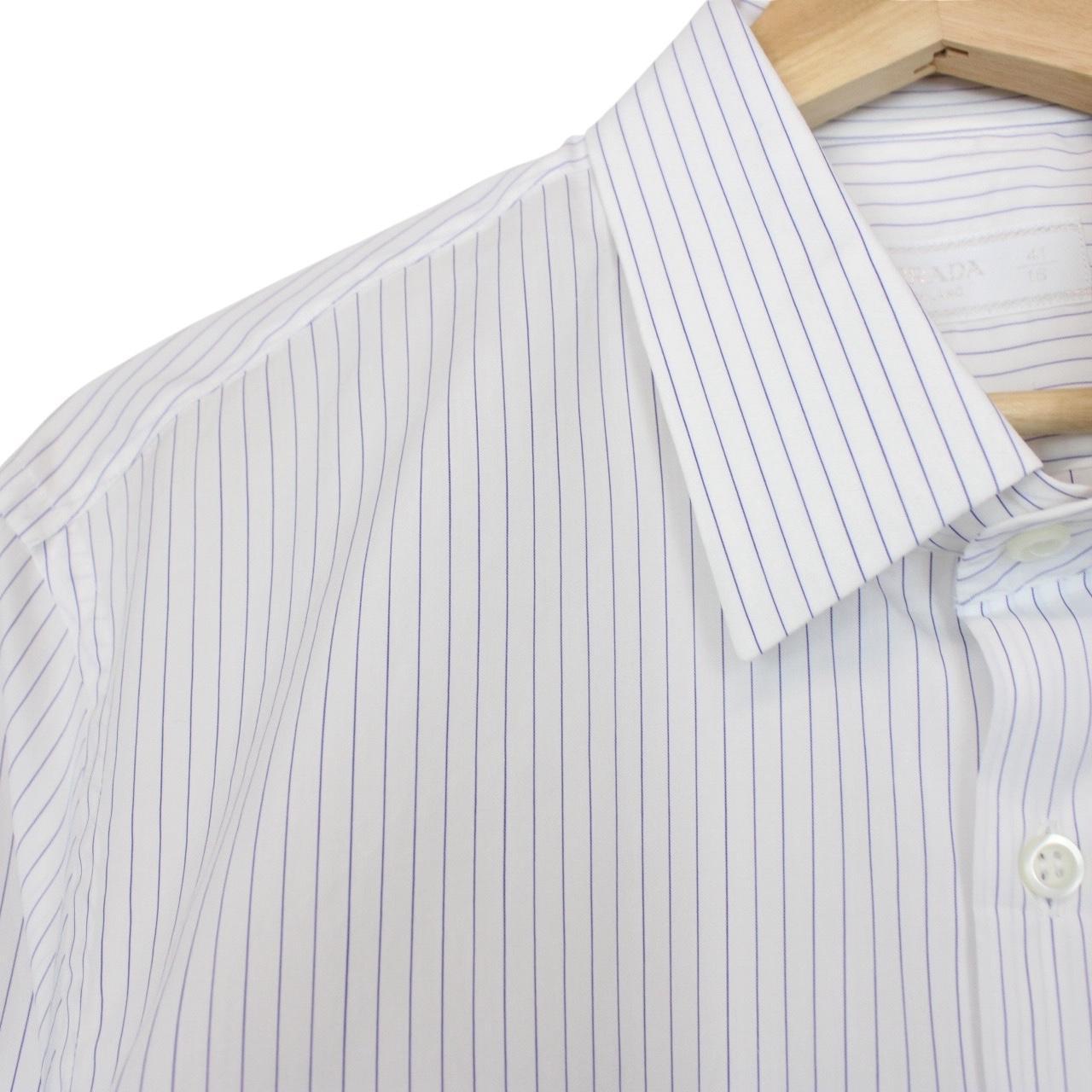 Prada men's shirt blue and white striped popeline stretch fabric with long sleeves.