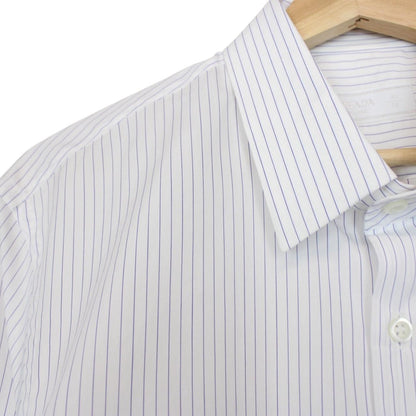 Prada men's shirt blue and white striped popeline stretch fabric with long sleeves.