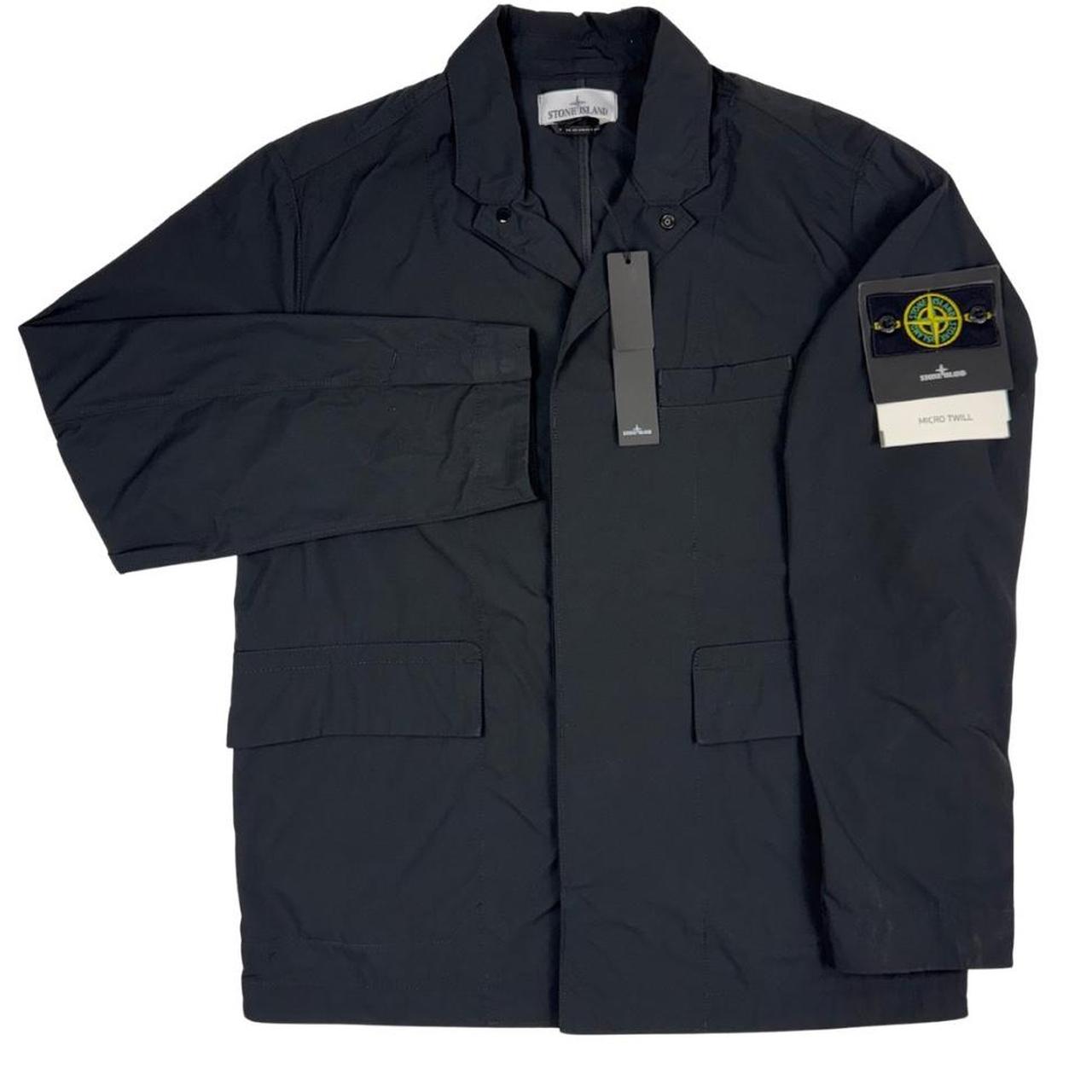 Stone Island black full zip jacket with logo badge and micro twill fabric.