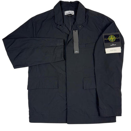 Stone Island black full zip jacket with logo badge and micro twill fabric.