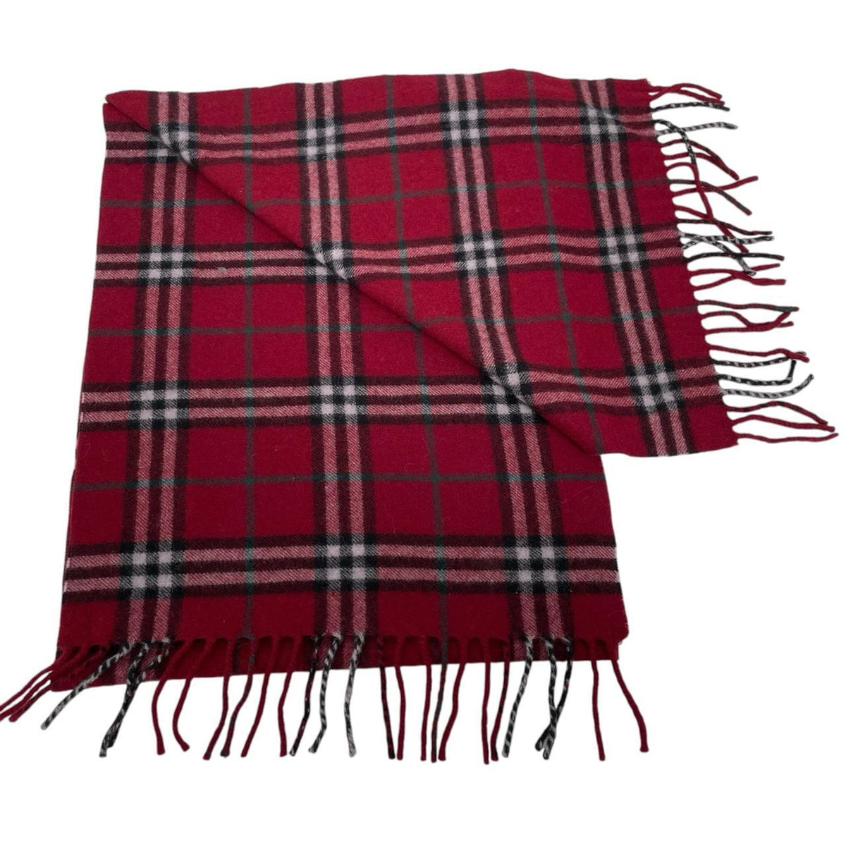 Burberry burgundy scarf featuring classic Nova Check pattern in soft lambswool.