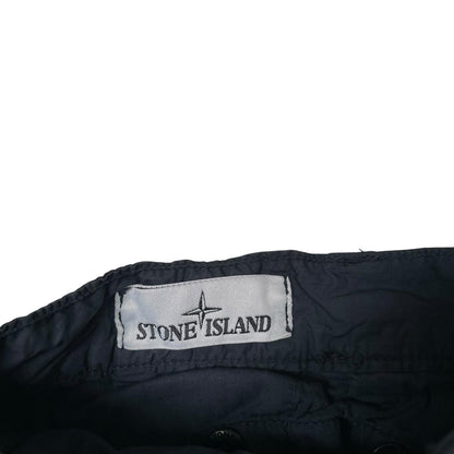 Stone Island navy blue cargo shorts with logo patch and cotton material.