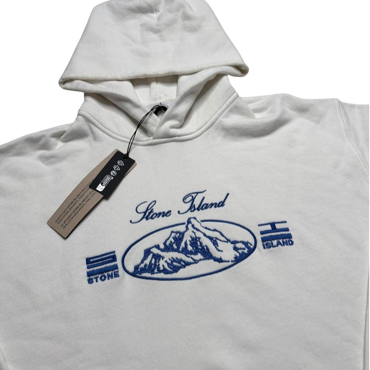 Stone Island white hoodie organic cotton fleece ice treatment with logo patch.