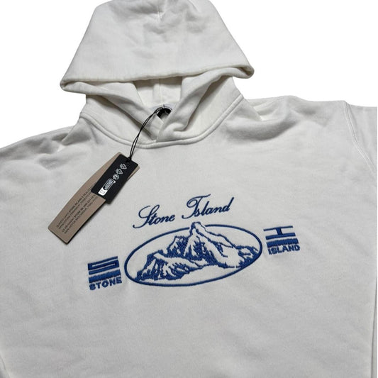 Stone Island white hoodie organic cotton fleece ice treatment with logo patch.