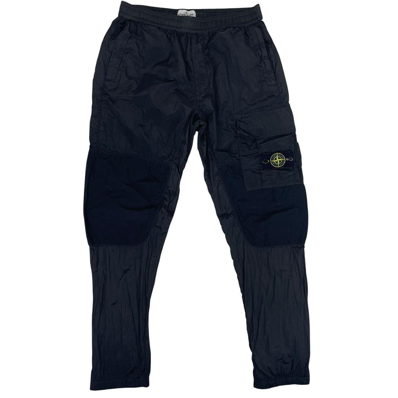 Stone Island black cargo trousers with logo patch and nylon material, size W33.