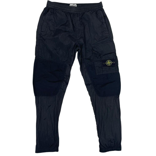 Stone Island black cargo trousers with logo patch and nylon material, size W33.