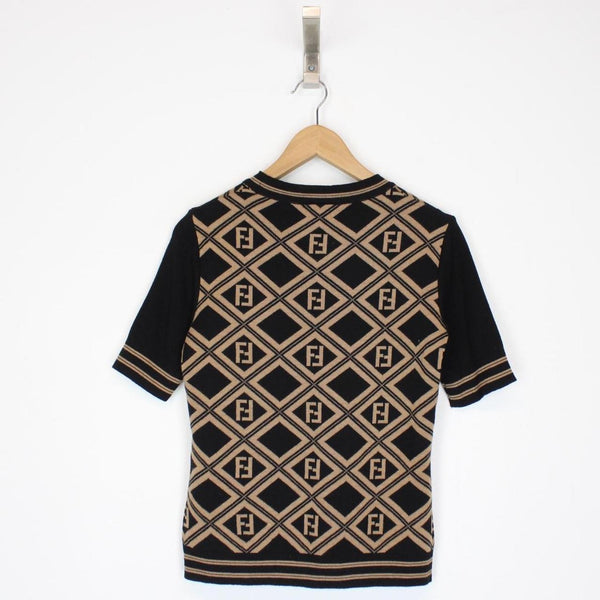 Vintage 90s Fendi Tan Brown and Black Zucca Monogram Short Sleeve Knit Top
