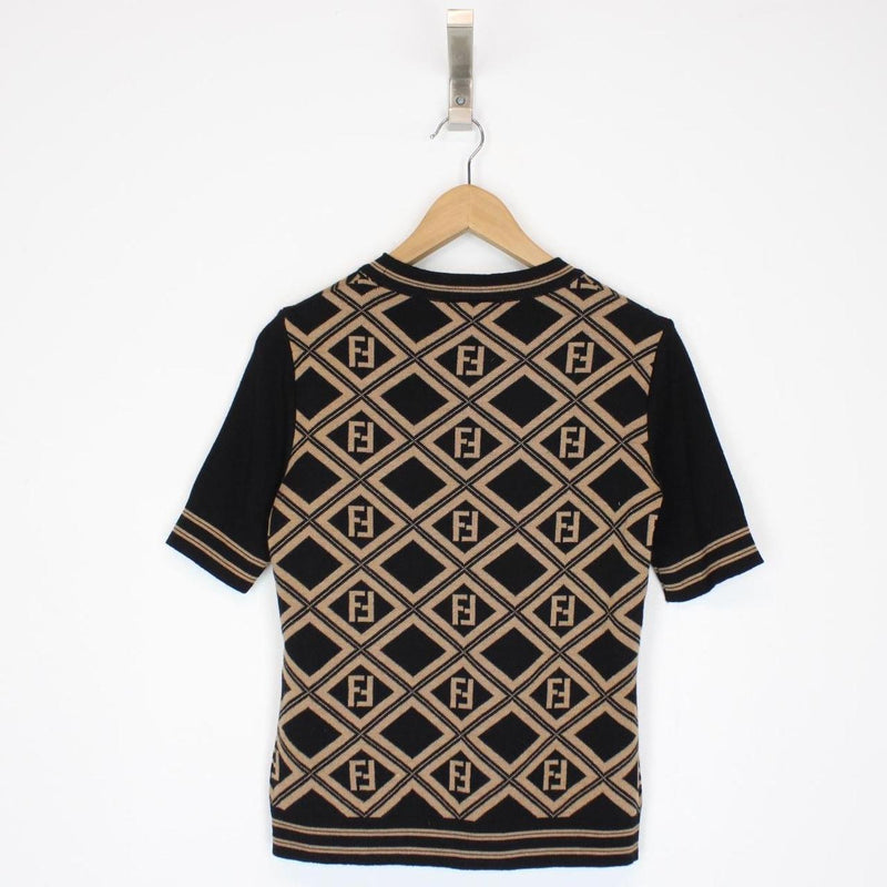 Vintage 90s Fendi Tan Brown and Black Zucca Monogram Short Sleeve Knit Top