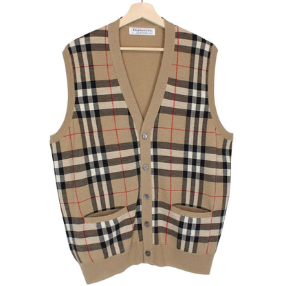 Burberry beige knit sweater vest with Nova Check pattern and merino wool material.