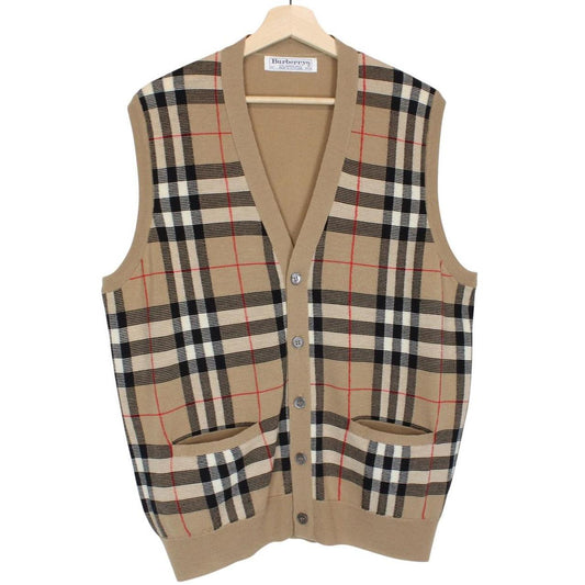 Burberry beige knit sweater vest with Nova Check pattern and merino wool material.