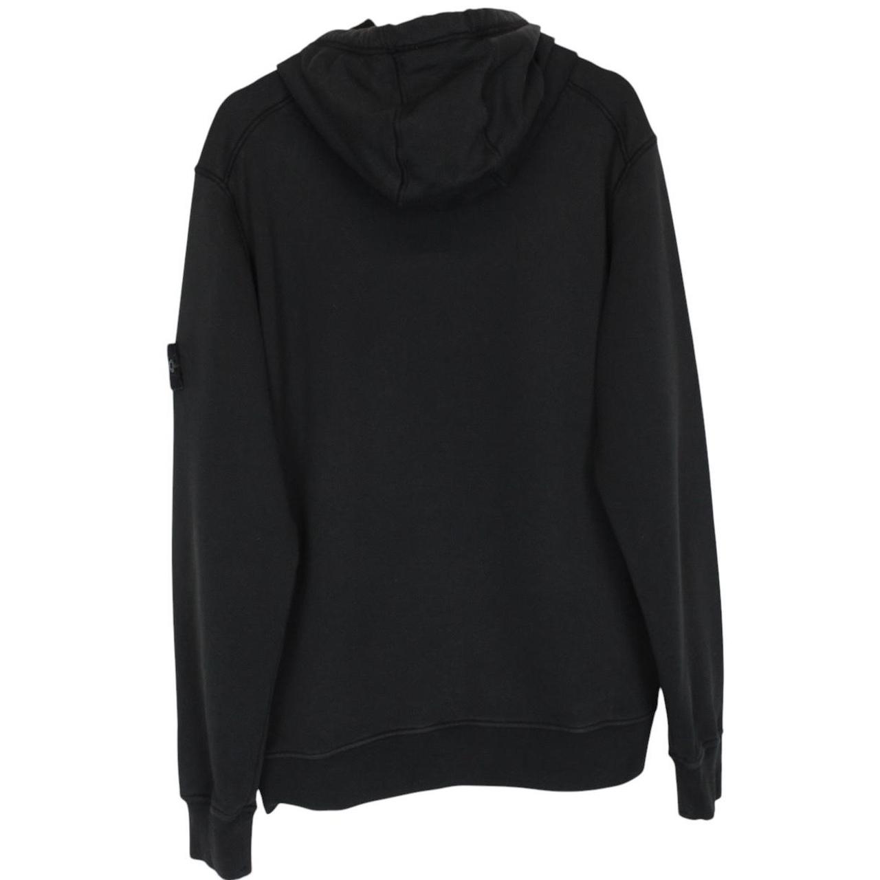 Stone Island black hoodie jumper with embroidered compass logo and cotton material.